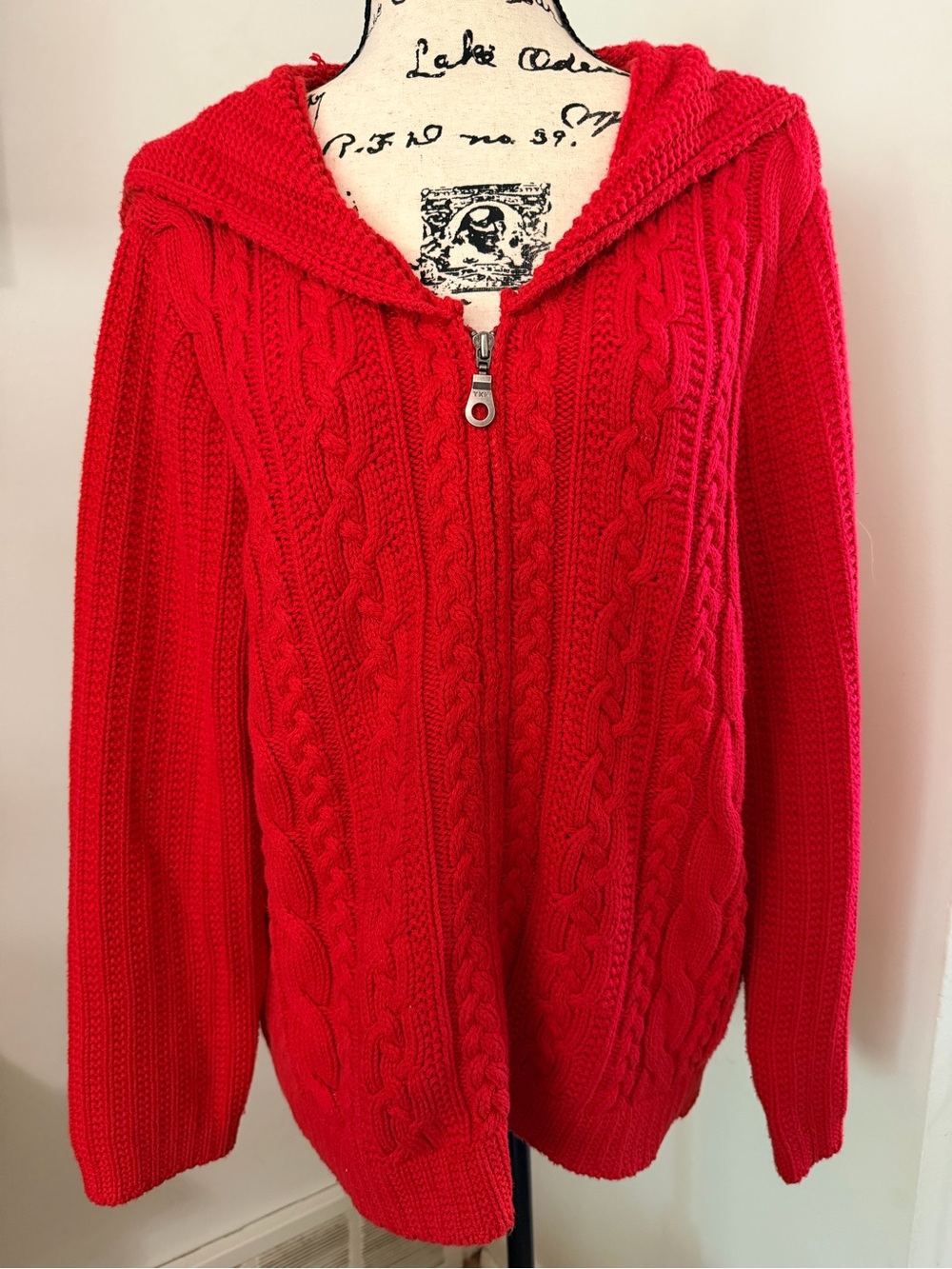 Christopher & Banks XL Red Cable Knit Full Zip Cotton Cardigan Sweater Fisherman